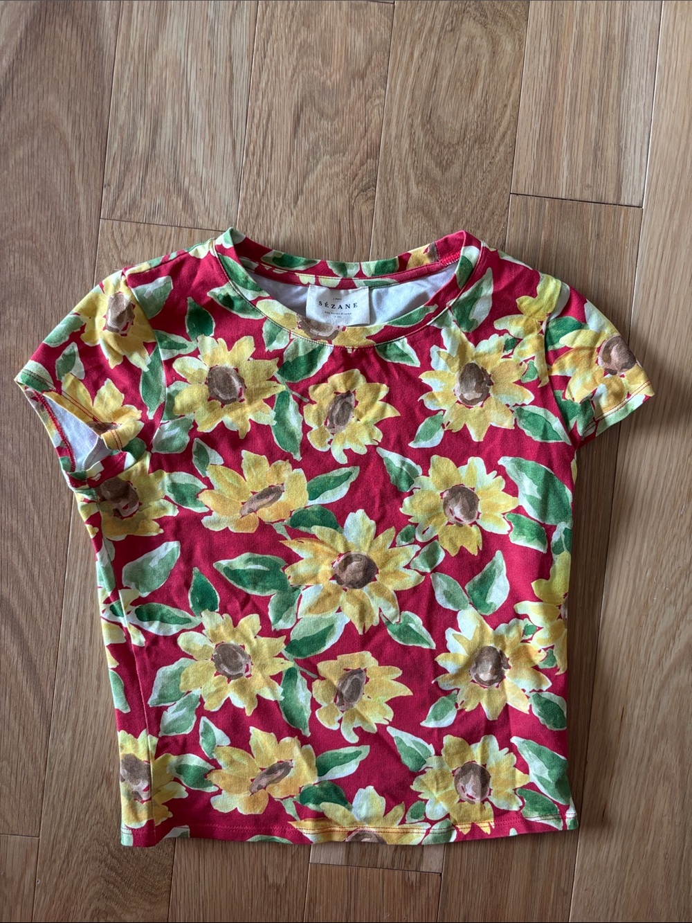 Sezane Red Tee with Yellow Sunflower Print